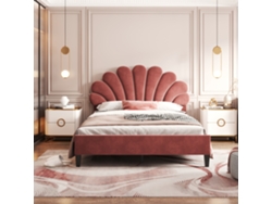 Cama Doble Tapizada En Terciopelo - 140x200 Cm - Cabecero En Forma De Flor - Con Somier De Láminas - Rojo