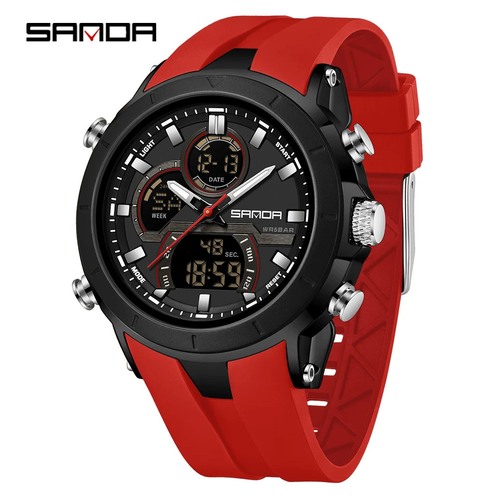 Reloj De Cuarzo Cronógrafo Rojo Con Indicador Digital De Fecha Y Día, Reloj Deportivo Para Hombre.