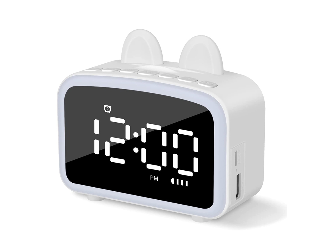 Reloj despertador LCD con luz nocturna, altavoz Bluetooth integrado, termómetro, radio y soporte para smartphone. Batería recargable.