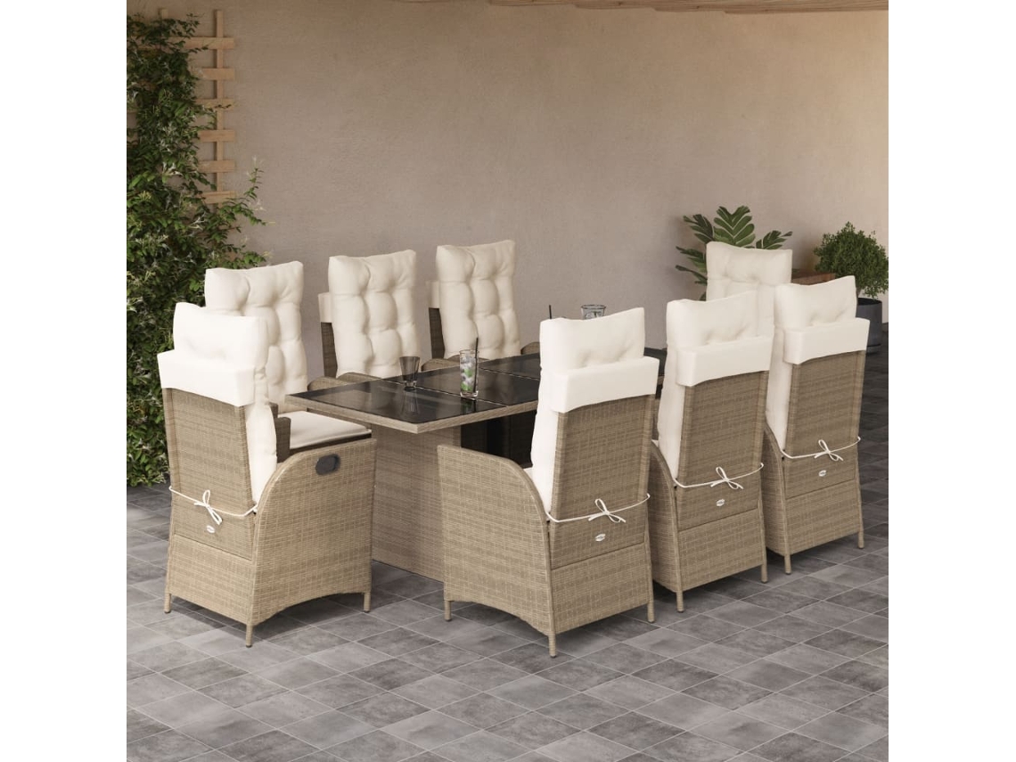 Juego de comedor de jardín de 9 piezas con cojines de mimbre beige de DKD Home Decor
