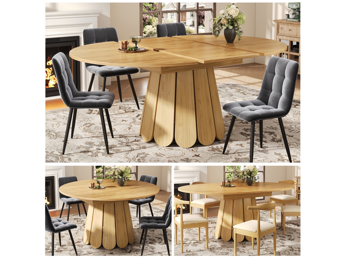 Mesa de comedor redonda extensible a tamaño ovalado, de madera.