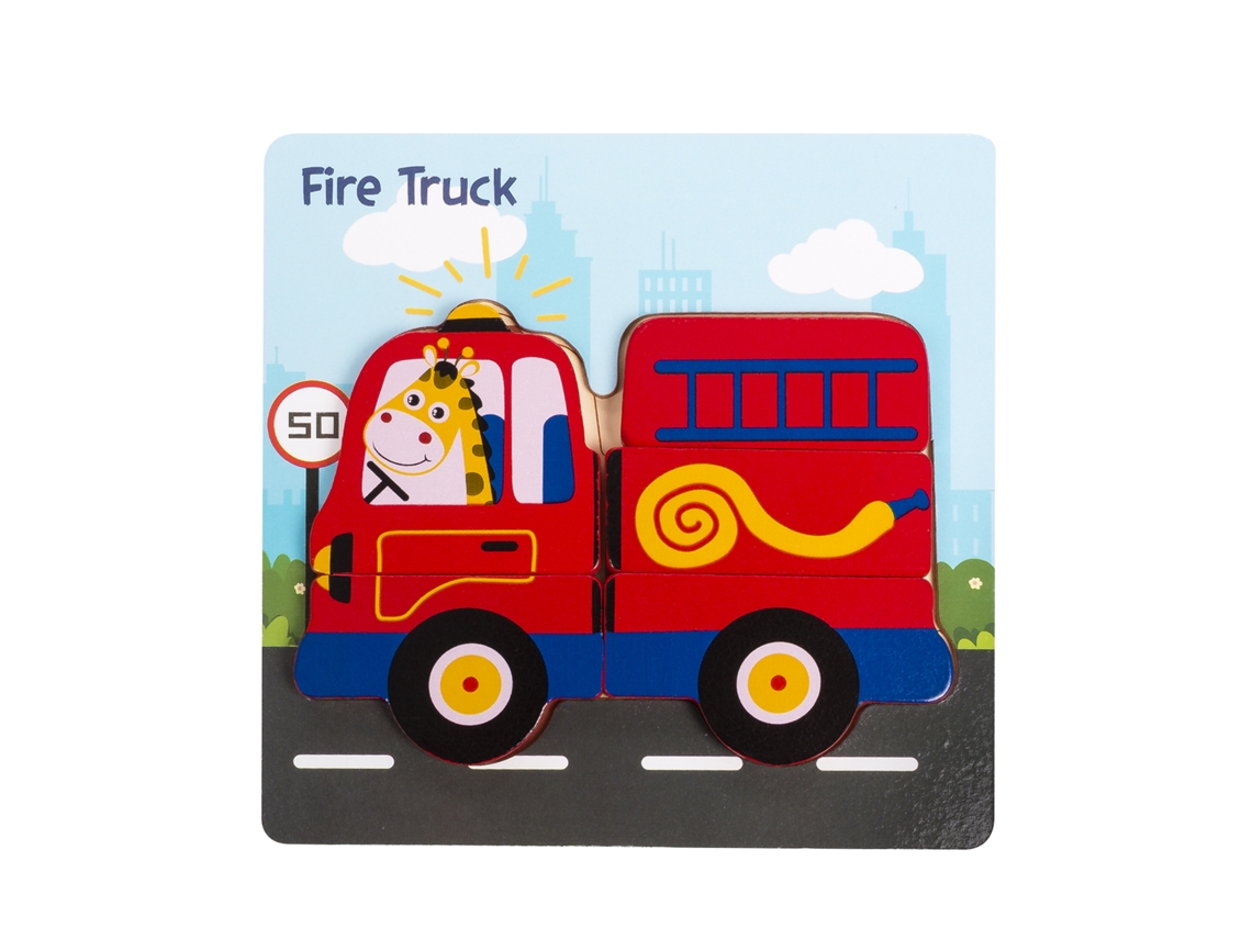 Rompecabezas de madera infantil de 5 piezas. Diseño de camión de bomberos. Presa.