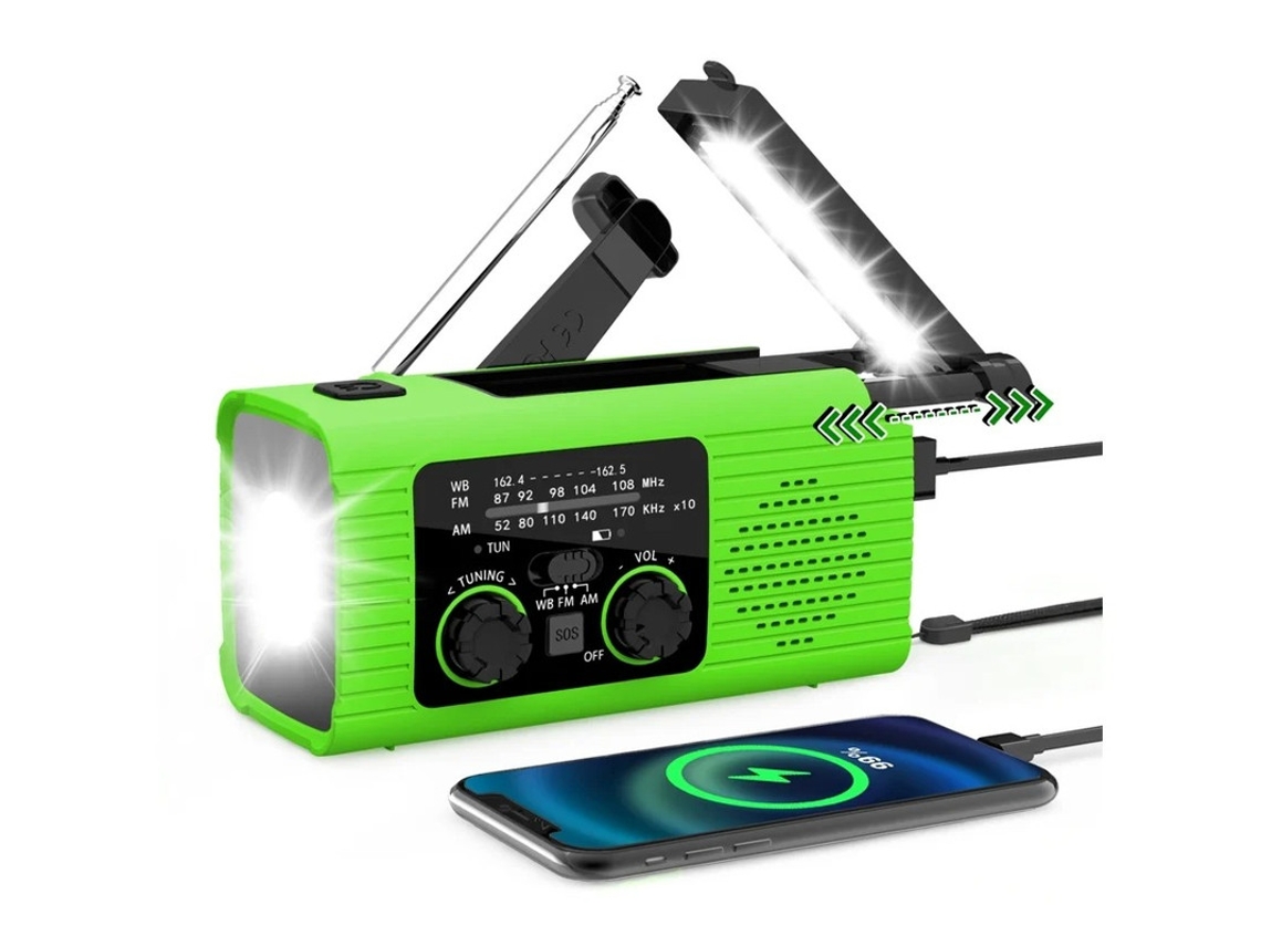 Generador solar multifuncional BESTVITE de 2000 mAh con radio y manivela, con linterna (verde)