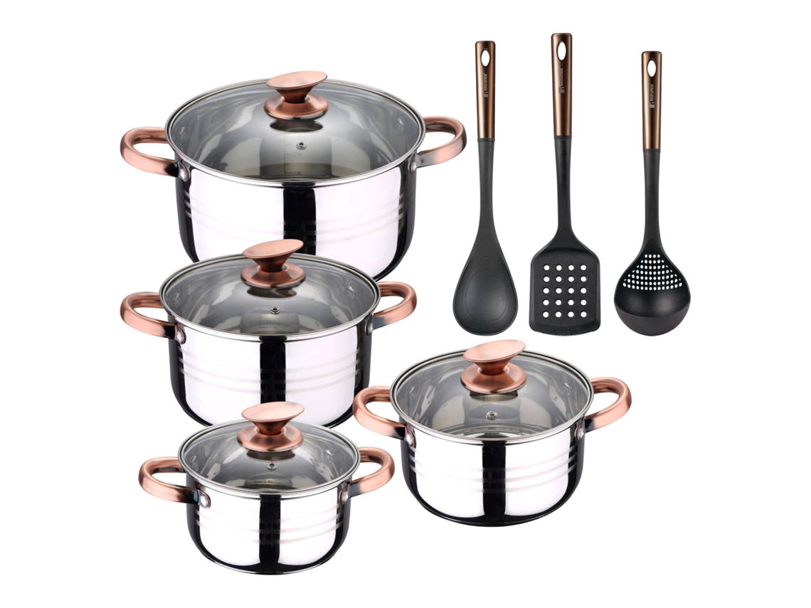 Batería De Cocina Ø16ø18ø20ø24cm De Acero Inoxidable Nona San Ignacio (8 Piezas) Con 3 Utensilios