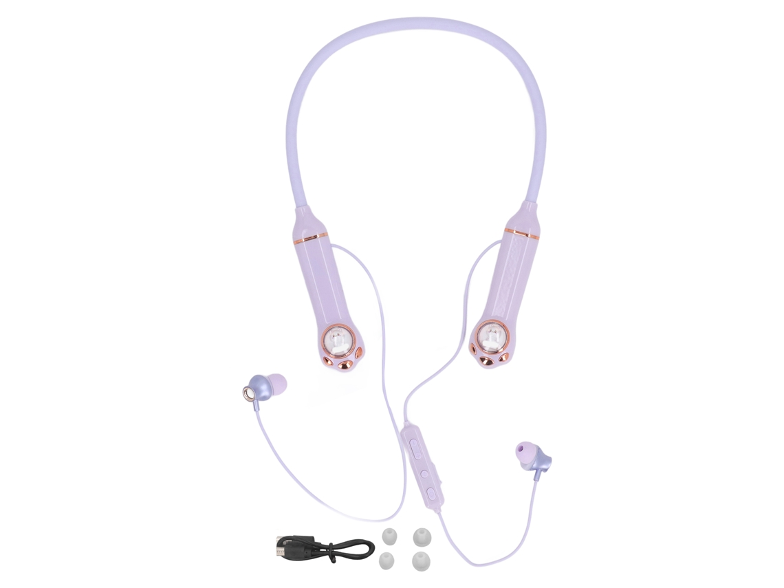 Auriculares Estéreo Inalámbricos Bluetooth 5.3 Ipx5 Con Banda Para El Cuello Y Luz Rgb Con Forma De Gato Magnético Morado Para Entrenamientos.