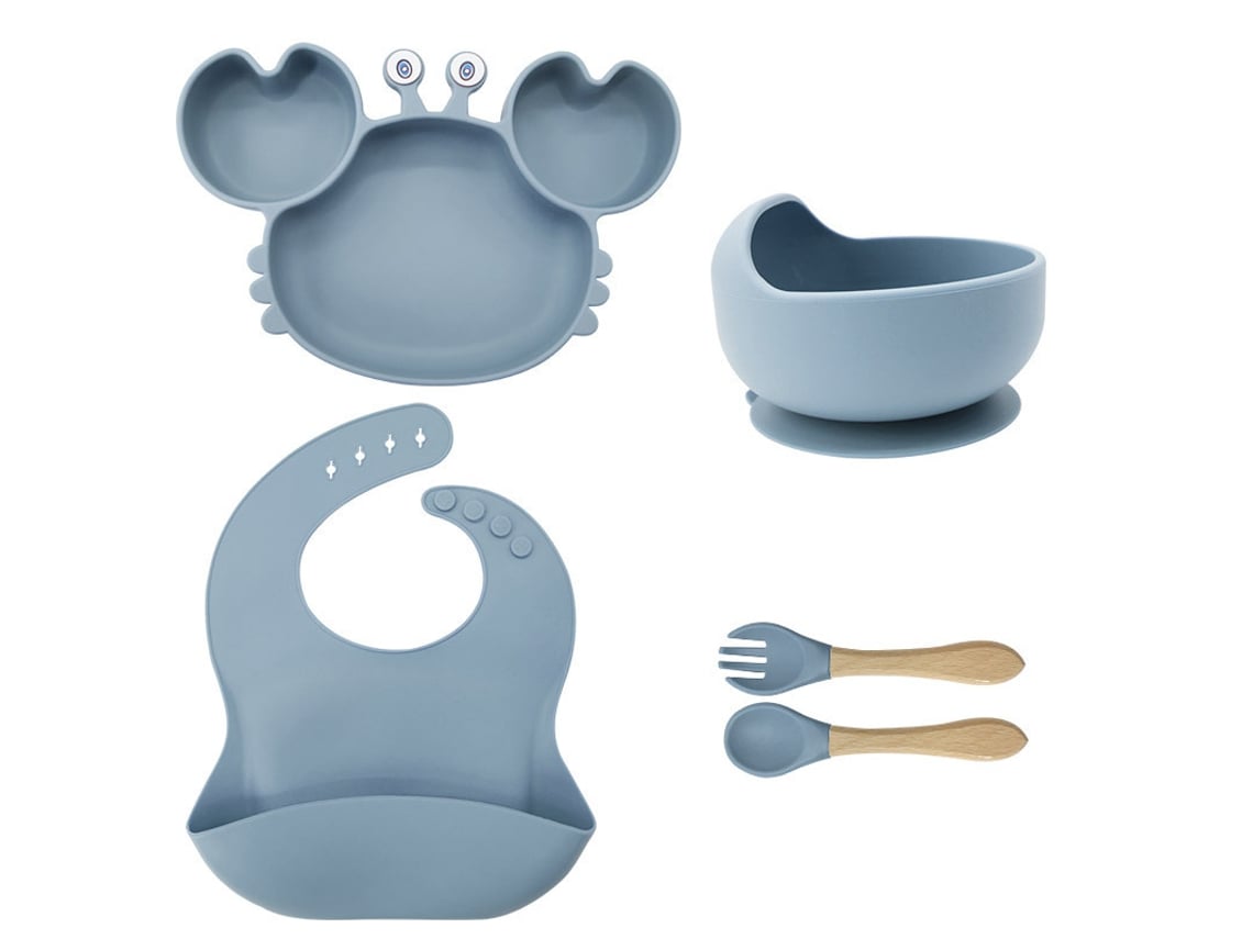 5 Juegos De Cubiertos De Silicona Azul Claro Para Bebé: Plato, Tazón, Delantal Y Utensilios Con Estampado De Cangrejo, No Son Pegatinas.