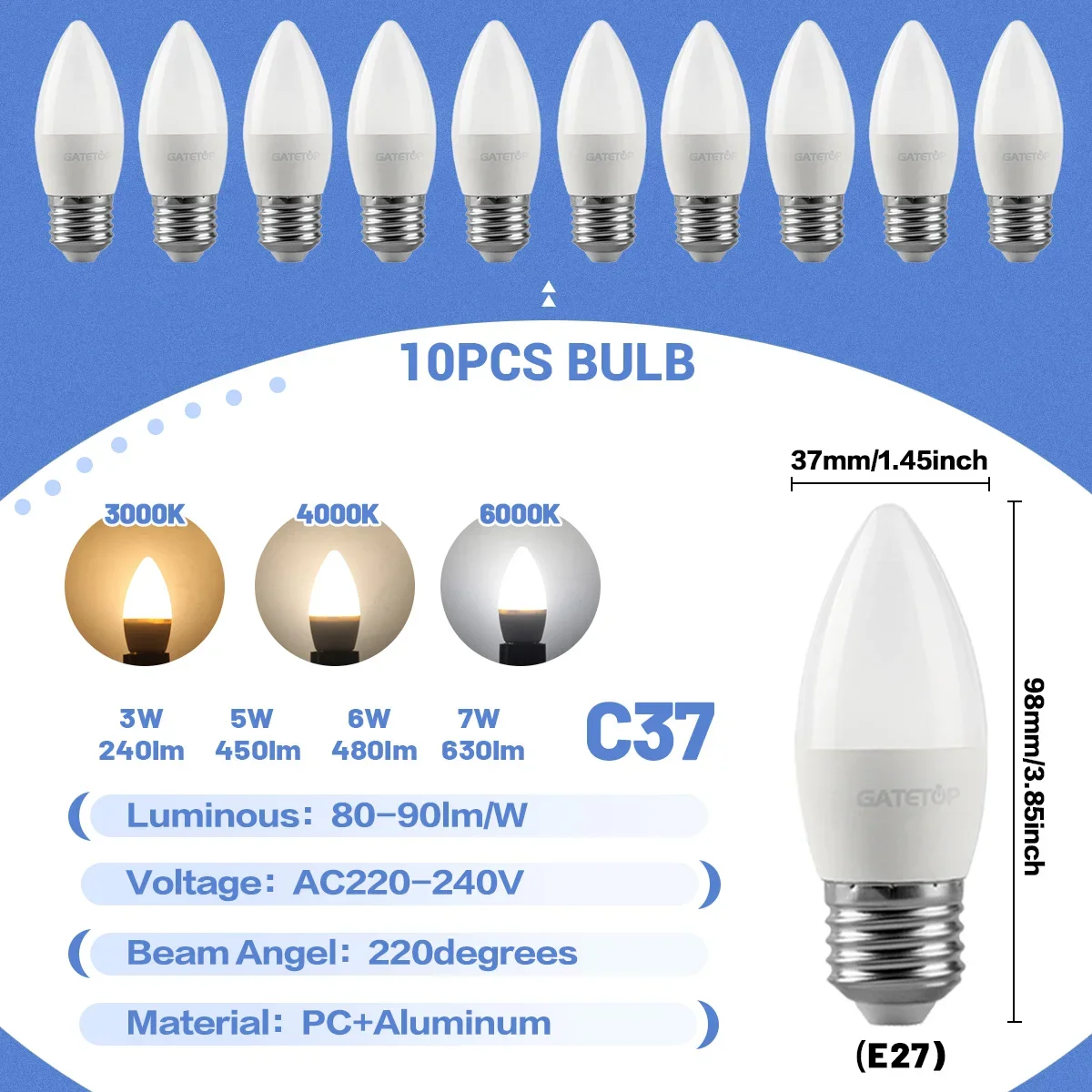 (10 Bombillas Led Tipo Vela, Blanco Cálido 3000k) E27, Aptas Para Iluminación Doméstica.