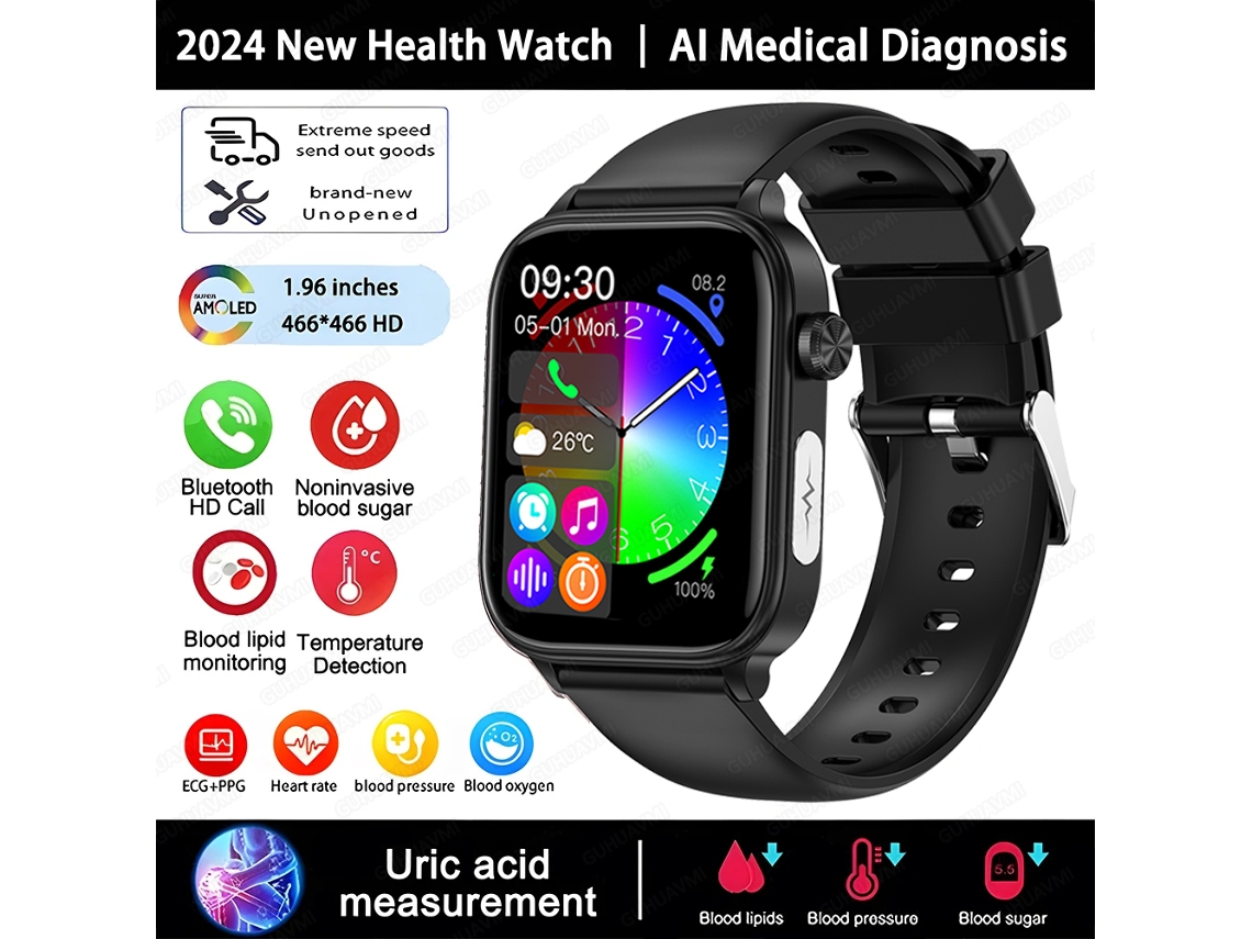 Reloj inteligente con diagnóstico médico con IA y monitorización de glucosa en sangre, pantalla táctil HD de 1,96 pulgadas MDUG (negro)