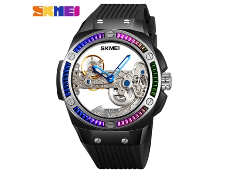Reloj esqueleto para hombre Reloj mecánico automático con correa de sílice resistente al agua -negro LUUCOZK