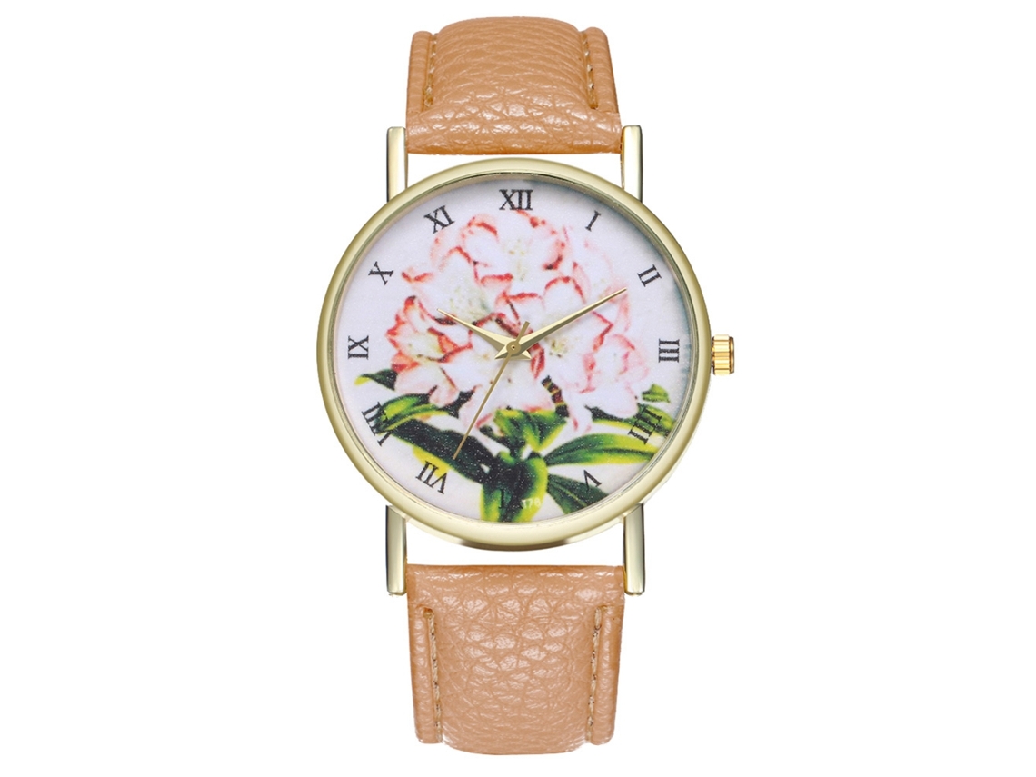 Reloj De Pulsera De Cuero Con Patrón De Plantas Moda Cuarzo Unisex (beige)