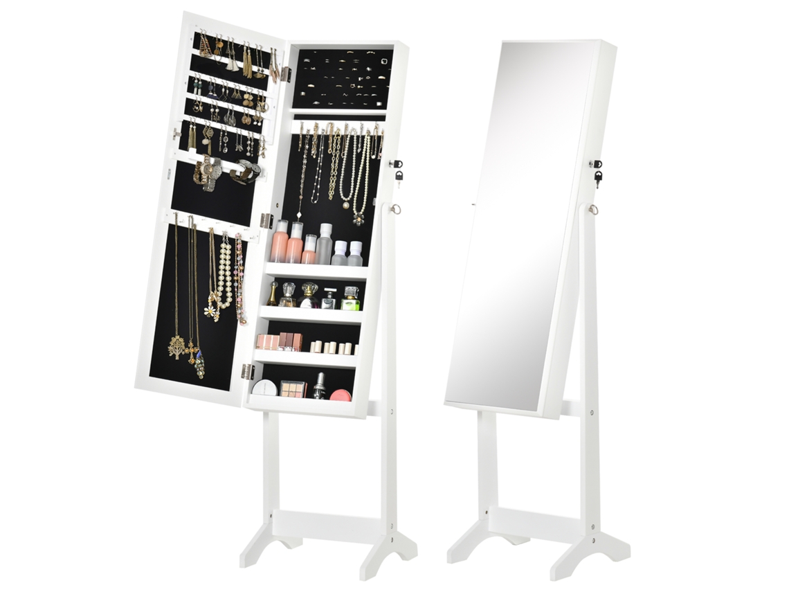 Espejo de pie ajustable para joyas con compartimentos para pendientes, anillos y collares, 46x36,5x151,5 cm, blanco.