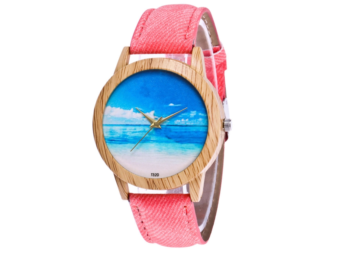 Reloj De Pulsera Unisex De Cuarzo Con Correa Vaquera, Estampado Playero, Rosa, Zhoulianfa