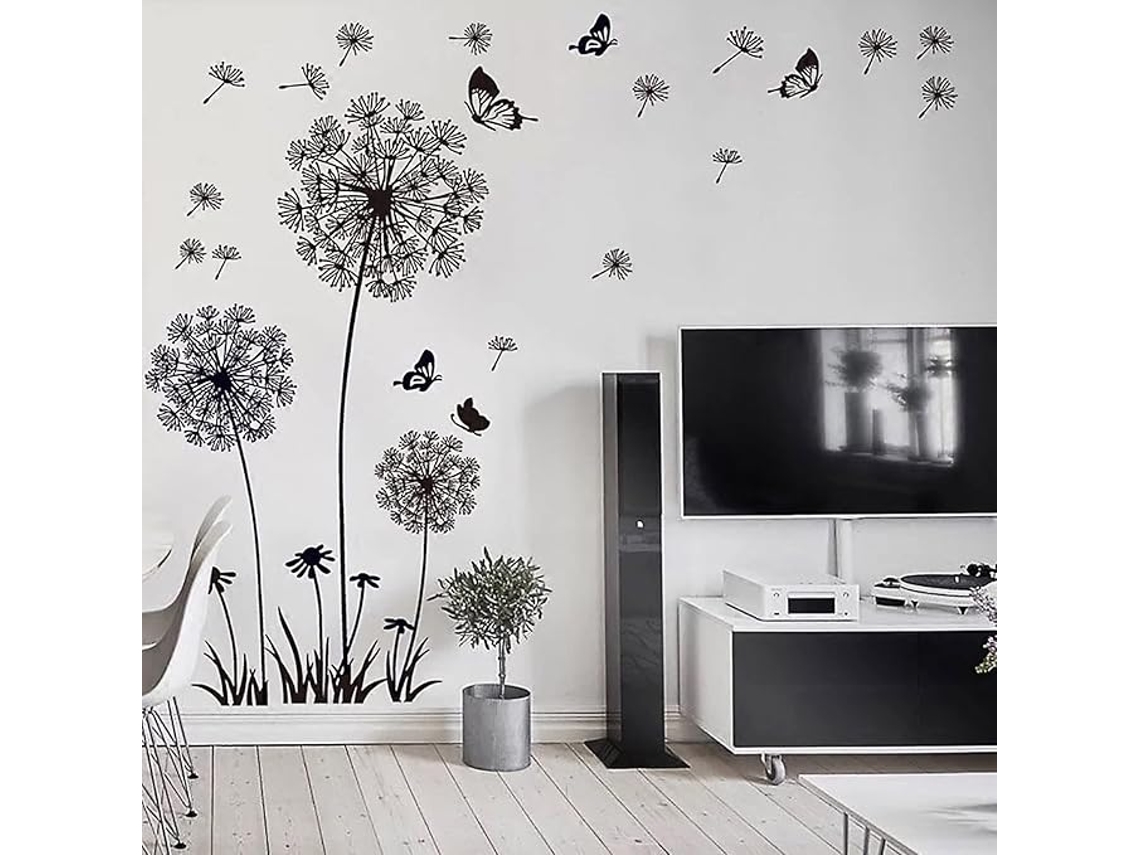 Pegatina De Pared Diente De León Con Mariposa Floral 3d – Negro – Decoración Para Salón, Cocina, Armario, Ventana