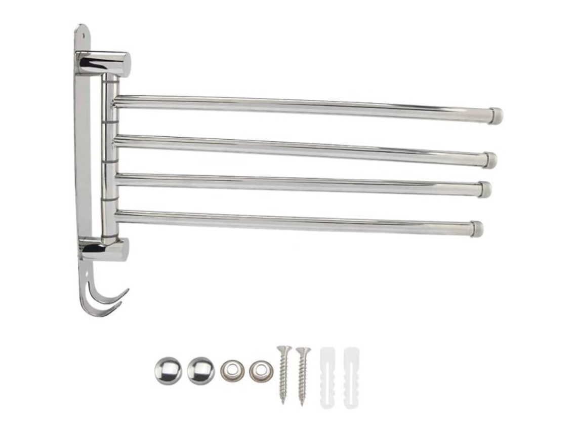 Toallero giratorio de acero inoxidable con 4 brazos, ideal para baño y cocina.