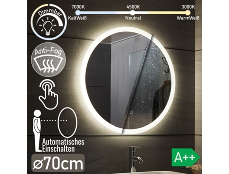 Espejo redondo de LED - Ø 70 cm, A++, Iluminación Trasera Blanca Fría/Cálida/Neutra, Control Táctil, Antivaho - Espejo retroiluminado