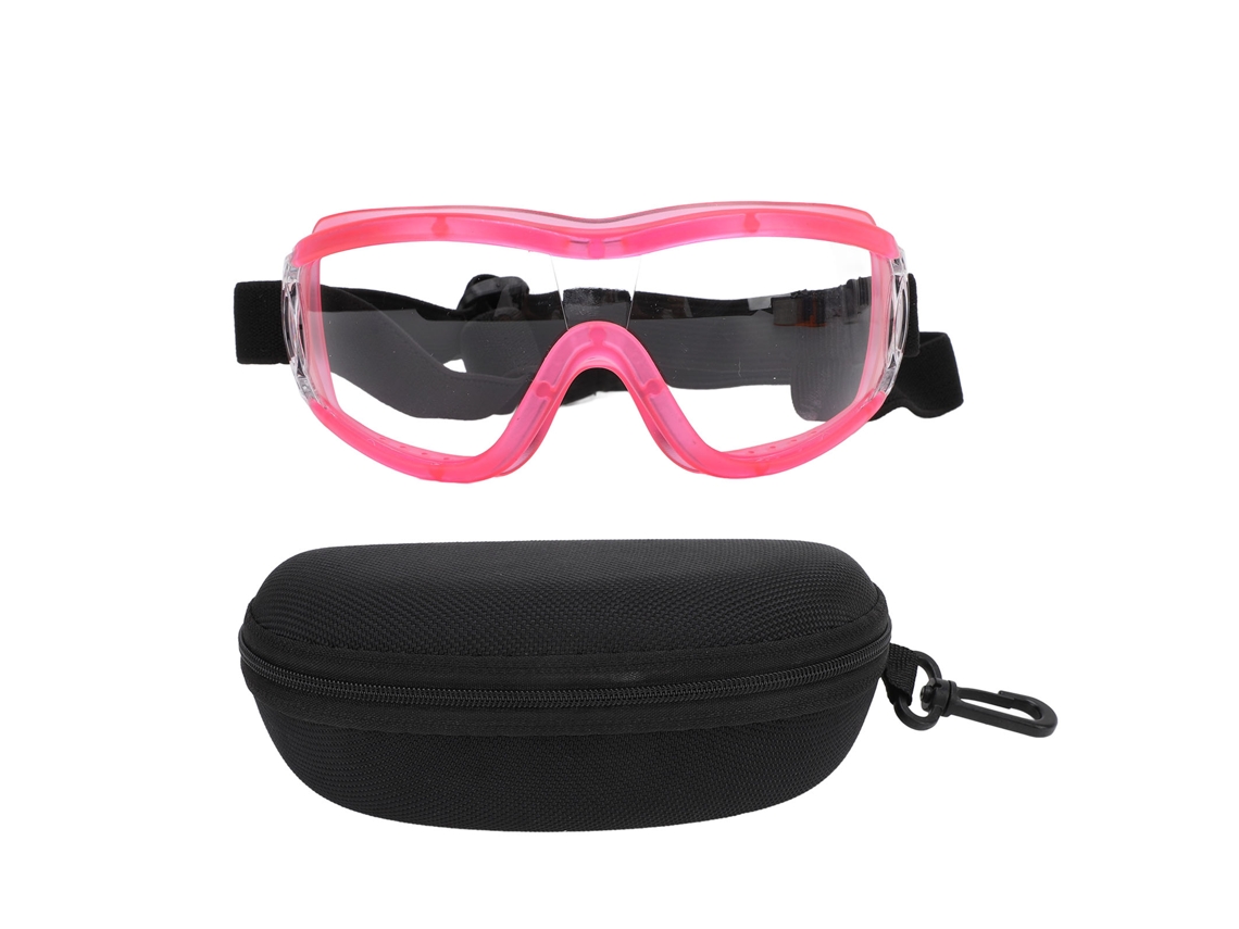 Gafas de sol ajustables, con protección UV y resistentes al viento, para perros de tamaño mediano o grande, con montura rosa y lentes transparentes.