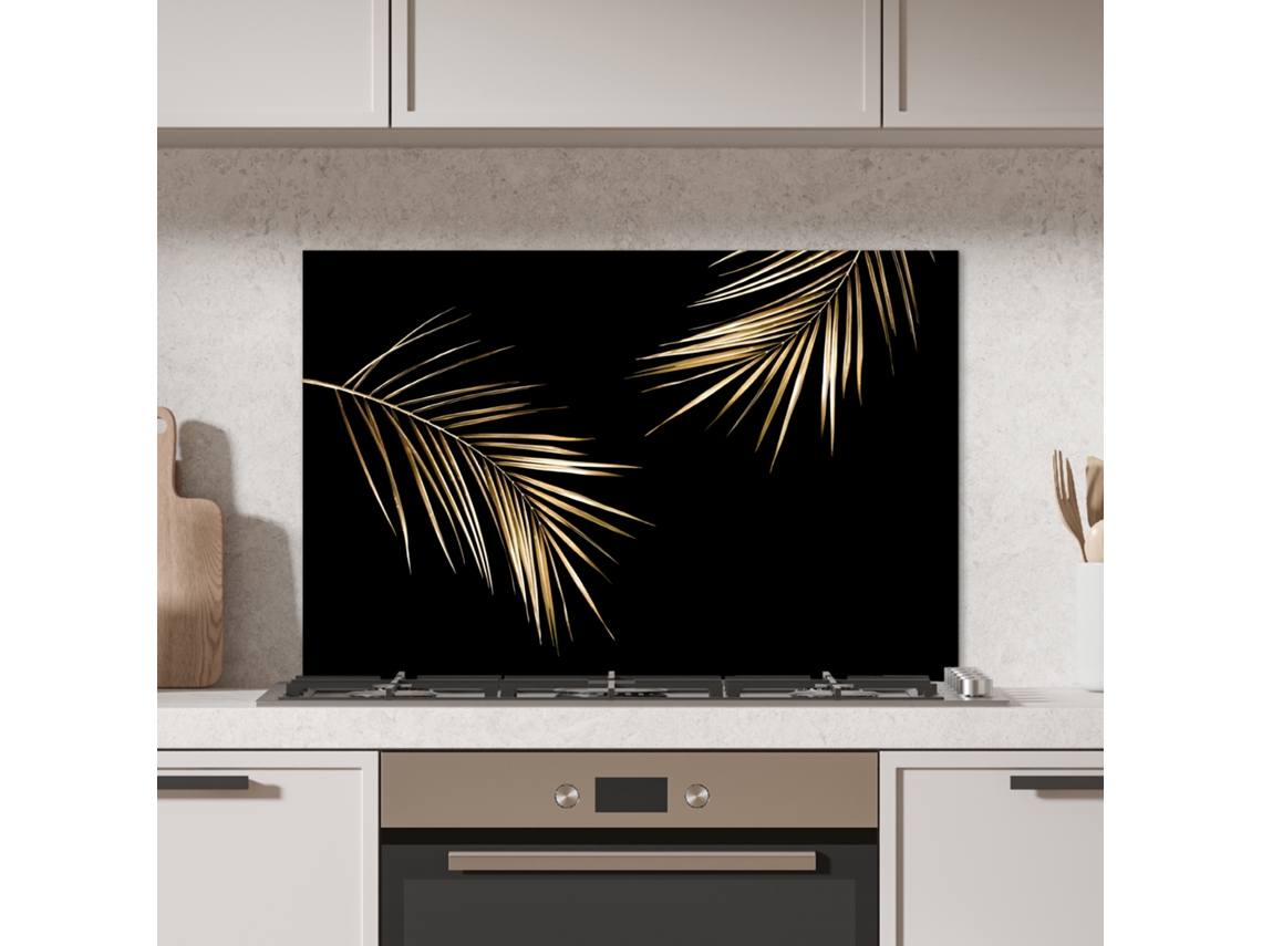 Panel antisalpicaduras de cocina con diseño de hojas y plantas - Dorado y negro - Lujo 80x55 cm