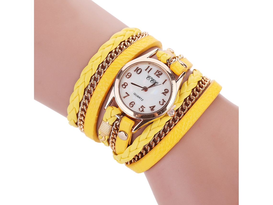 Reloj De Pulsera De Moda Para Mujer, De Tela Y Aleación, De Cuarzo, Estilo Casual, Para Estudiantes, Color Blanco Y Amarillo.