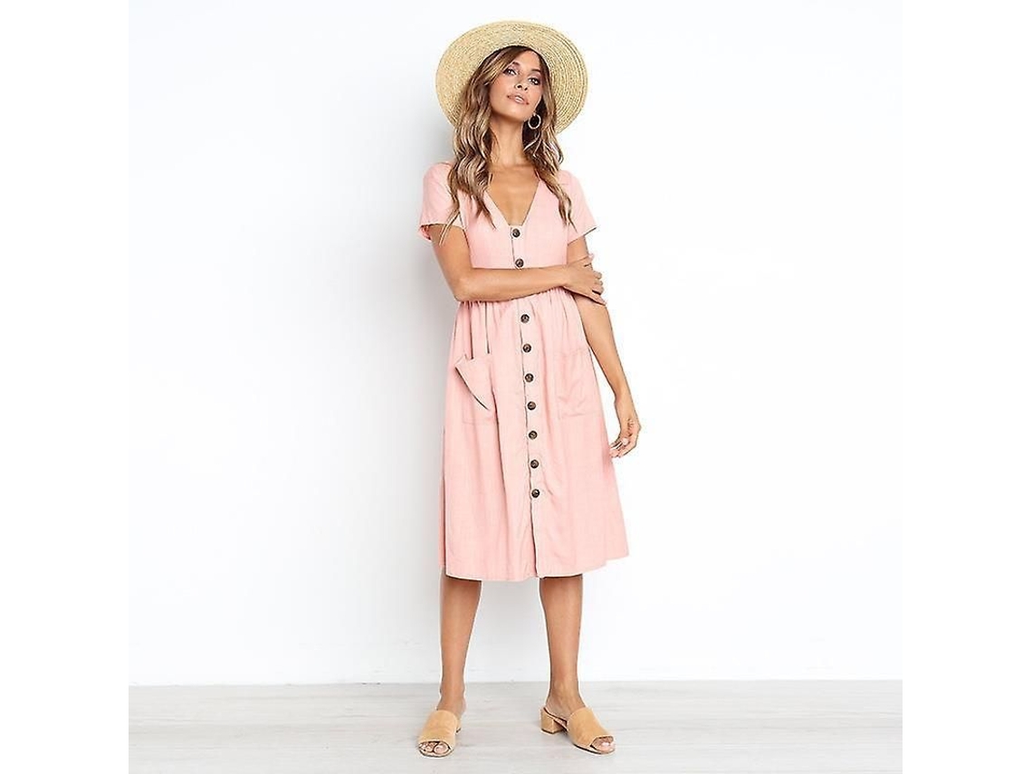 2026-vestido Casual Midi Para Mujer Con Manga Corta Cuello V Botones Y Bolsillos Verano A-line
