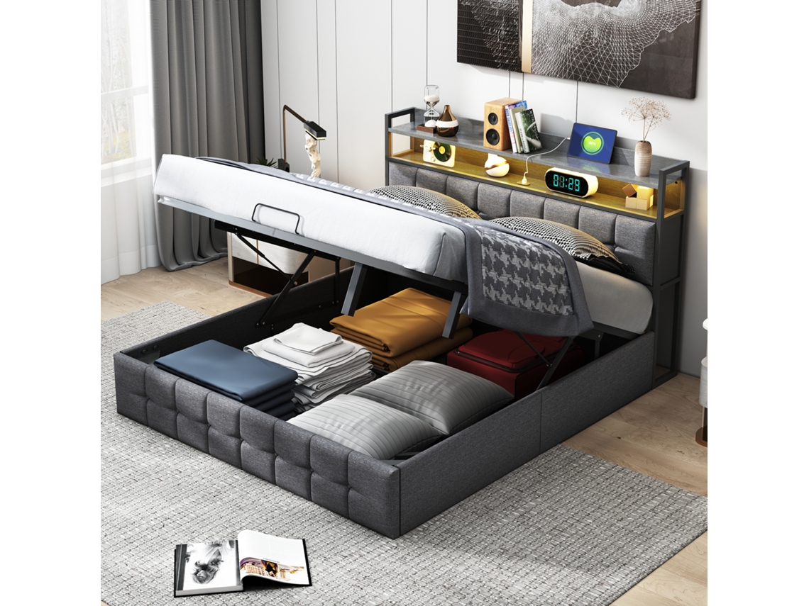 Cama De Matrimonio 160x200 Cm Con Almacenamiento Gaslift Y Led Rgb, Cama Moderna De Lino Gris Y Pu Con Carga Usb, Cama Doble Con Cabecera Acolchada