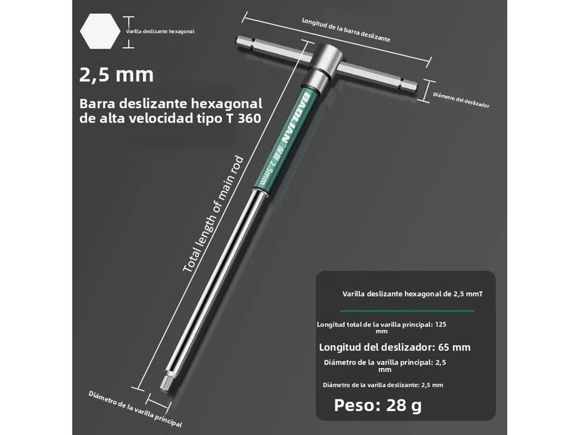 Llave hexagonal multifuncional MDUG tipo T en acero inoxidable (2,5 mm)