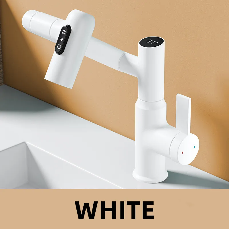 Grifo De Lavabo Con Pantalla Led Digital (blanco) Y Cabezal De Ducha Multifuncional Giratorio De 360° Para Mezclar Agua Fría Y Caliente.