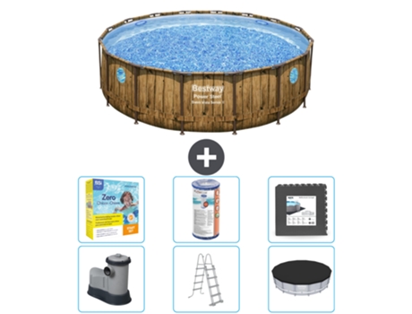 Piscina BESTWAY Round Power Steel Swim Vista - Impresión en madera - 488 x 122 - Incluye bomba - Escalera - Cubierta Accesorios CB35
