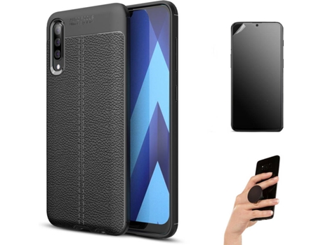 Kit Carcasa Y Protector Samsung A50 Ultimatte Rugged Leather Y Popsocket Negro