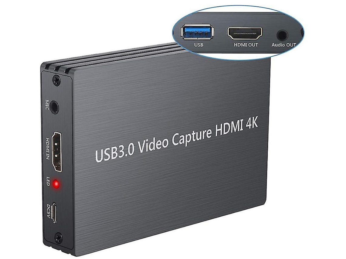 Tarjeta de captura HDMI 4K para juegos, video HD 1080p, USB 3.0, grabación de video en vivo, salida HDMI, entrada de micrófono, color negro Yizhood