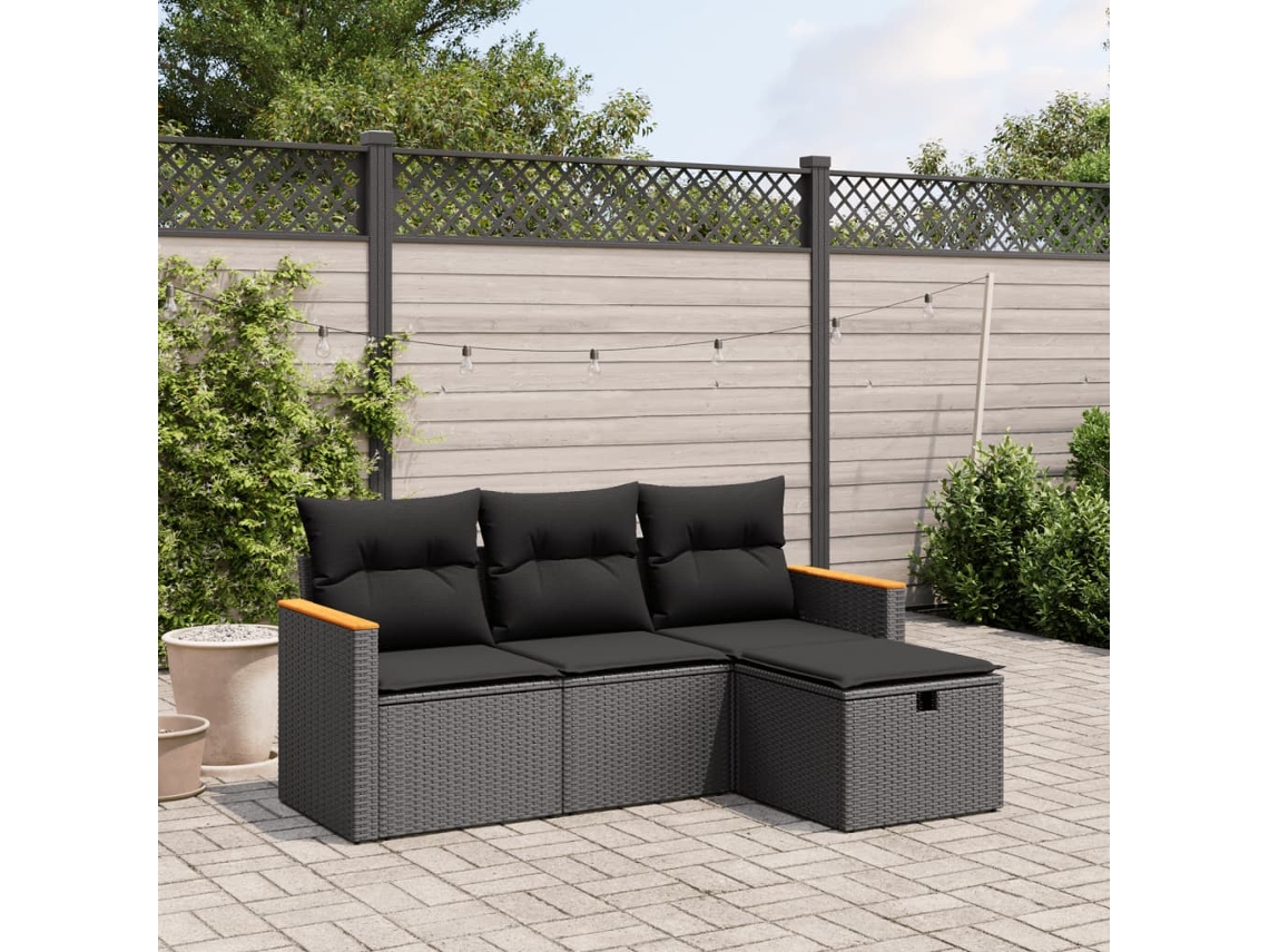 Conjunto de sofá de jardín de 4 piezas con cojines, mimbre sintético negro, Dkd Home Decor