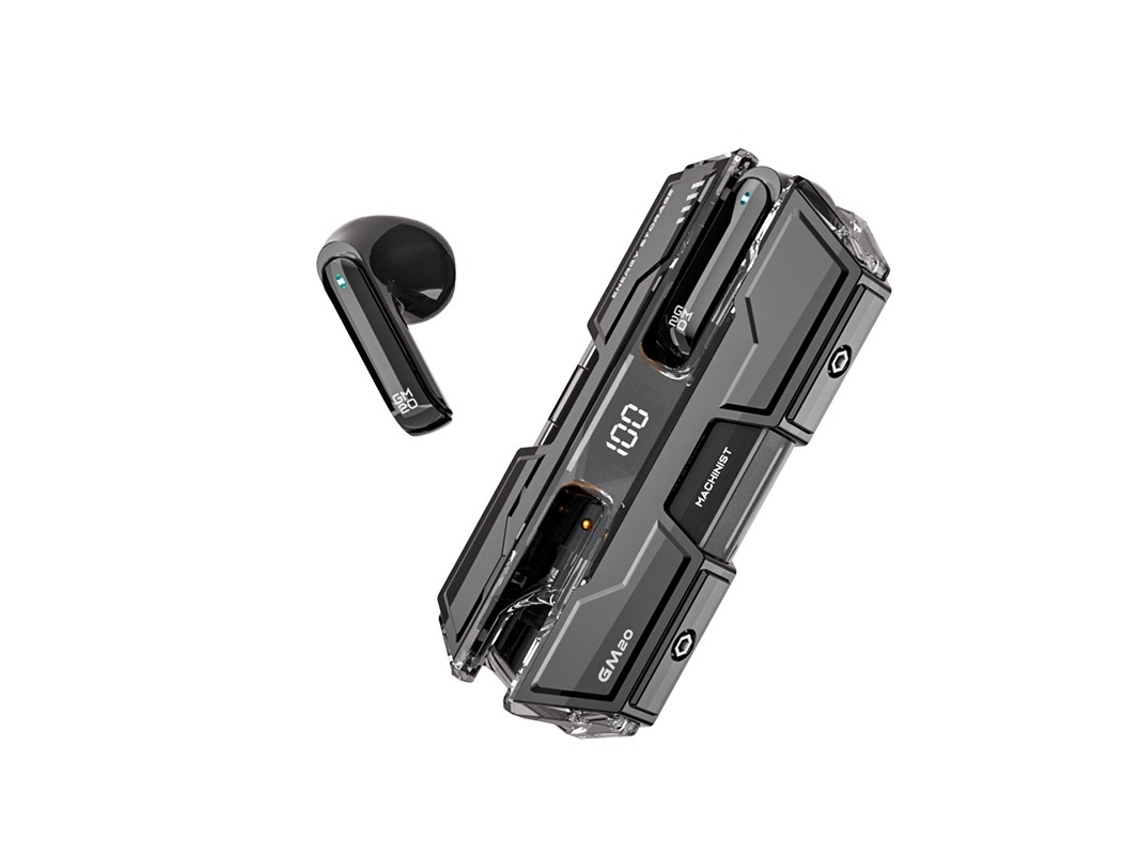 Auriculares inalámbricos Bluetooth 5.2 con sonido estéreo de graves profundos, estuche de carga y pantalla LED negra.