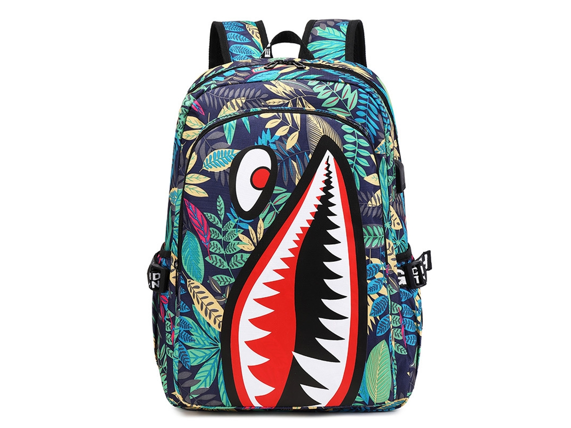 Mochila infantil con estampado de tiburón y puerto USB - Verde Hexinyigjly