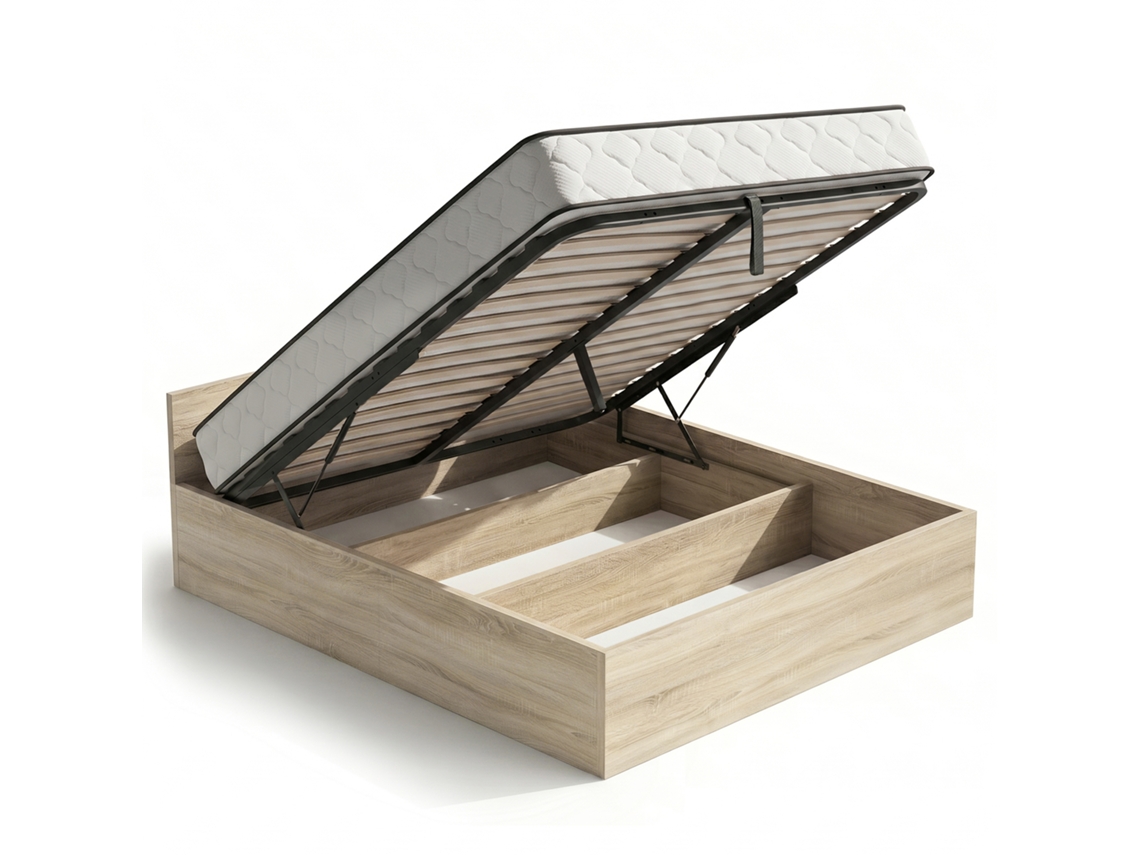 Cama Con Canapé Abatible 160x200 Cm Somier Elevable De Metal Y Colchón De Muelles Roble Sonoma