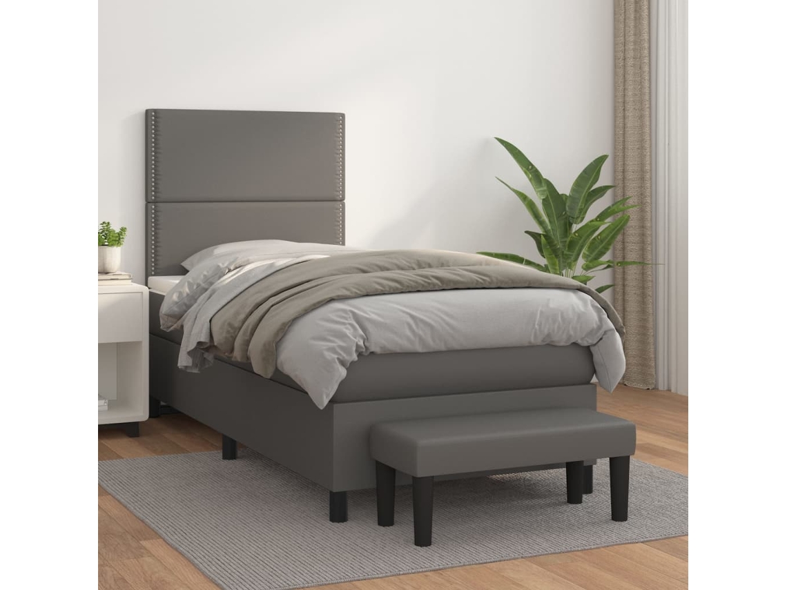 Cama Box Spring Con Colchón Cuero Sintético Gris 100x200 Cm