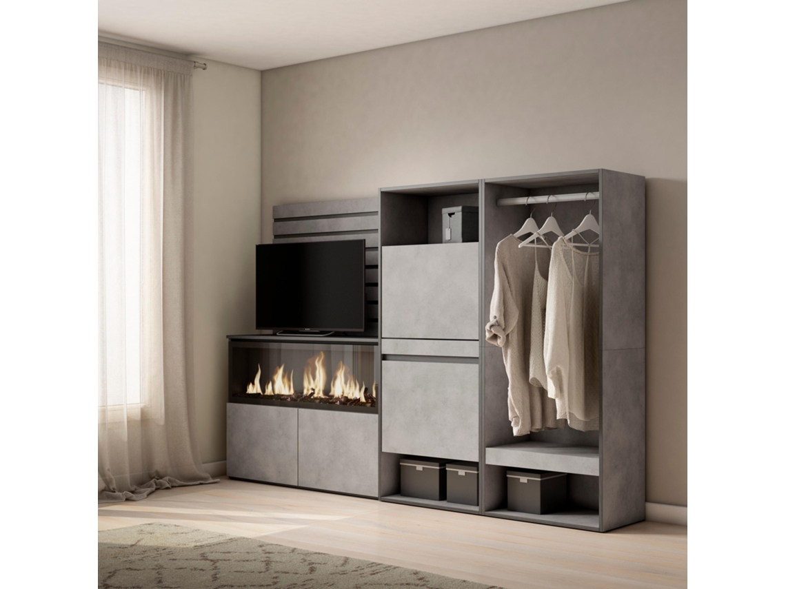 Aparador, 227x145x35 cm, Dormitorio, habitación, Chimenea eléctrica XXL, Zapatero, Vestidor abierto, Cemento SKRAUT HOME