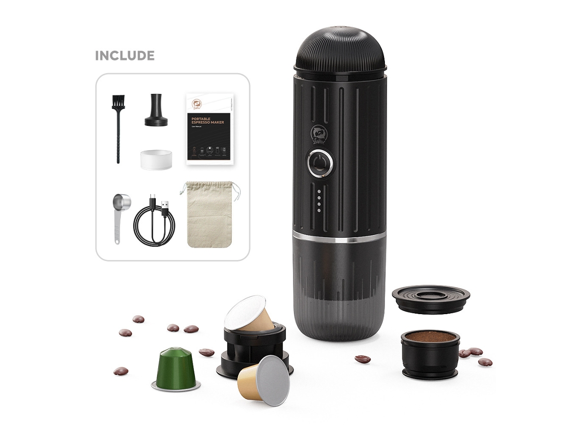 Cafetera expreso eléctrica inalámbrica Sfushos, para café molido y cápsulas, recargable, portátil (negra)