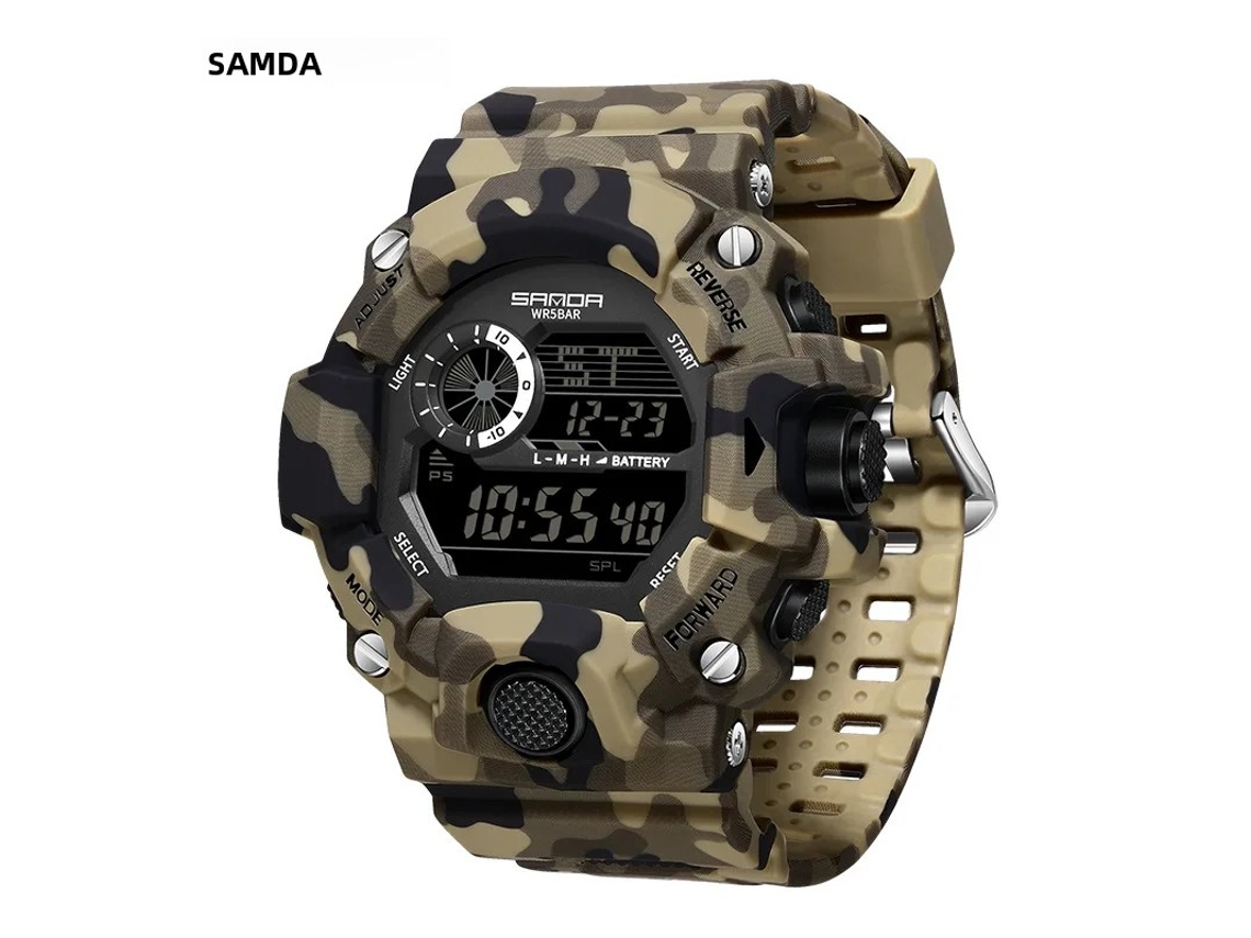Reloj deportivo digital resistente al agua con estampado de camuflaje militar moderno y correa de silicona.