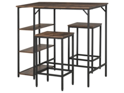 Conjunto de mesa de bar de 3 piezas con 2 taburetes, encimera con estantes, acero rústico, color marrón y negro, dimensiones 109x60x100 cm
