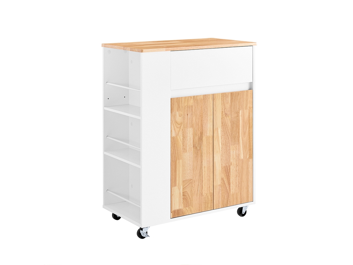 Carrito de cocina con ruedas, isla con cubierta de madera, mueble con cajones, en blanco Sobuy