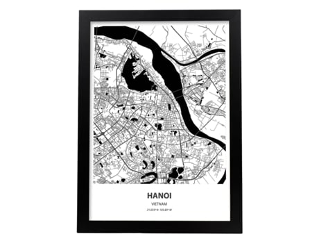Póster NACNIC con Mapa de Hanoi - Vietnam. Pósters de Ciudades de Asia con Mares y RíOs En Color Negro.