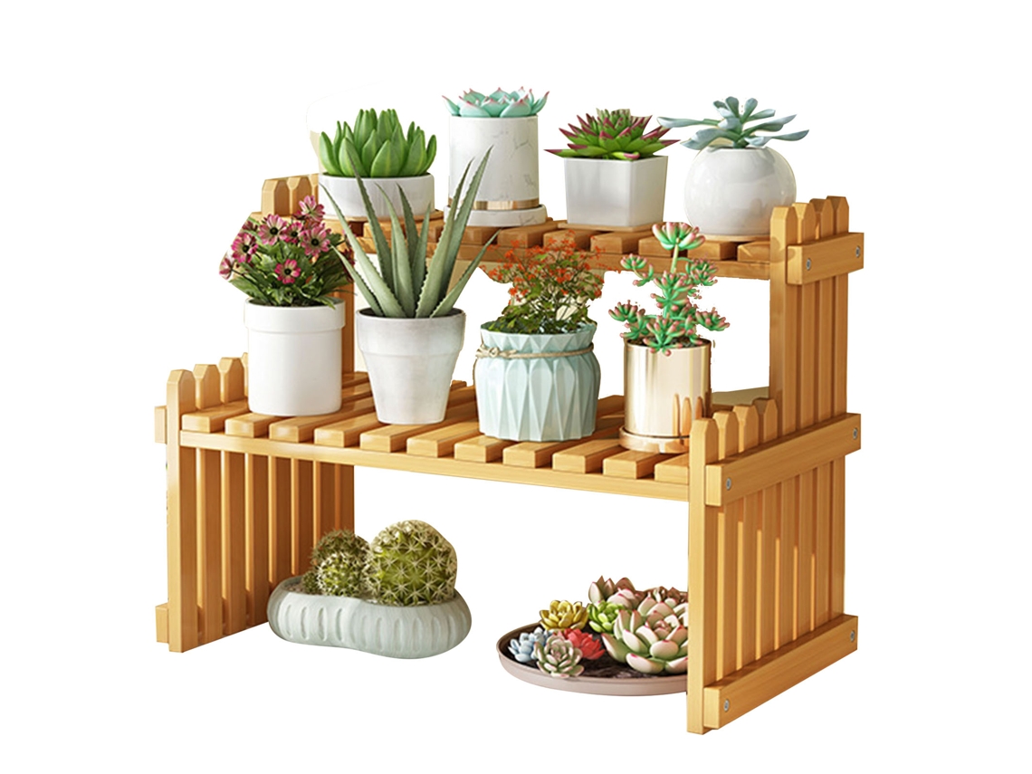 Soporte de bambú para plantas de mesa, estante para flores para interior y exterior, patio, césped, jardín, balcón, pequeño, 40 cm/15,74 pulgadas