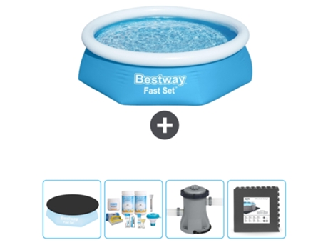Piscina Hinchable Redonda Fast Set BESTWAY - 244 x 61 cm - Azul - Incluida Cubrir - Paquete de mantenimiento - Bomba - Baldosas