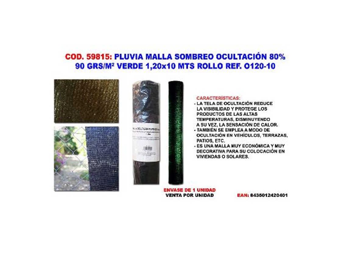 Pluvia malla sombreo-ocultacion 80% 90g-m2 verde 1,20x10 mt roll