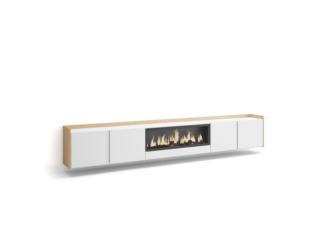 Mueble Tv, Televisión, 315x35x50cm, Para Tv Hasta 80", Chimenea Eléctrica Xxl, Colgado, Suspendido, Blanco Y Roble Soft