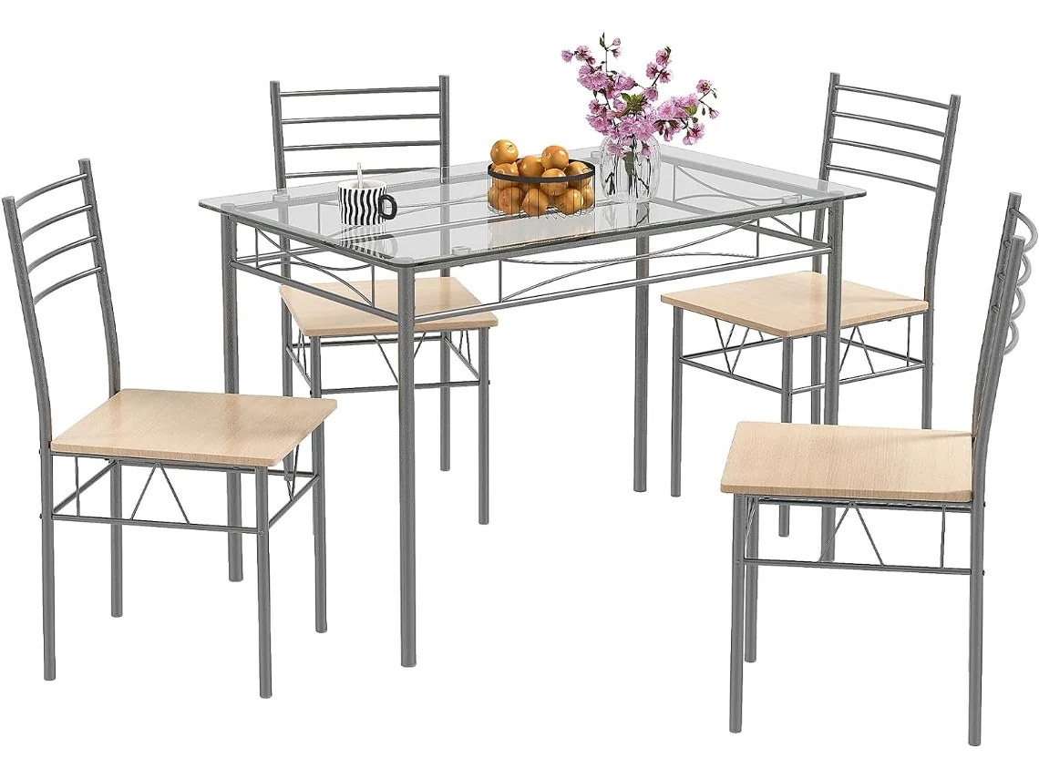 Conjunto Mesa y Sillas Comedor, 1 Mesa Rectangular de Vidrio y 4 Sillas, Mesa Cocina con Sillas, Estructura Metálica, Cocina Comedor Salón, Natural COSTWAY