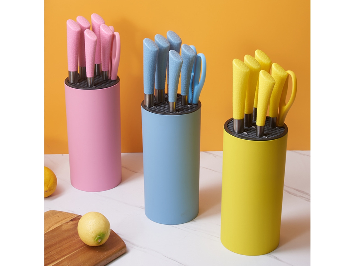 Juego De Cuchillos De Cocina Con Soporte, Acero Inoxidable, Diseño Ergonómico, Versátil, Rosa, Azul, Amarillo.