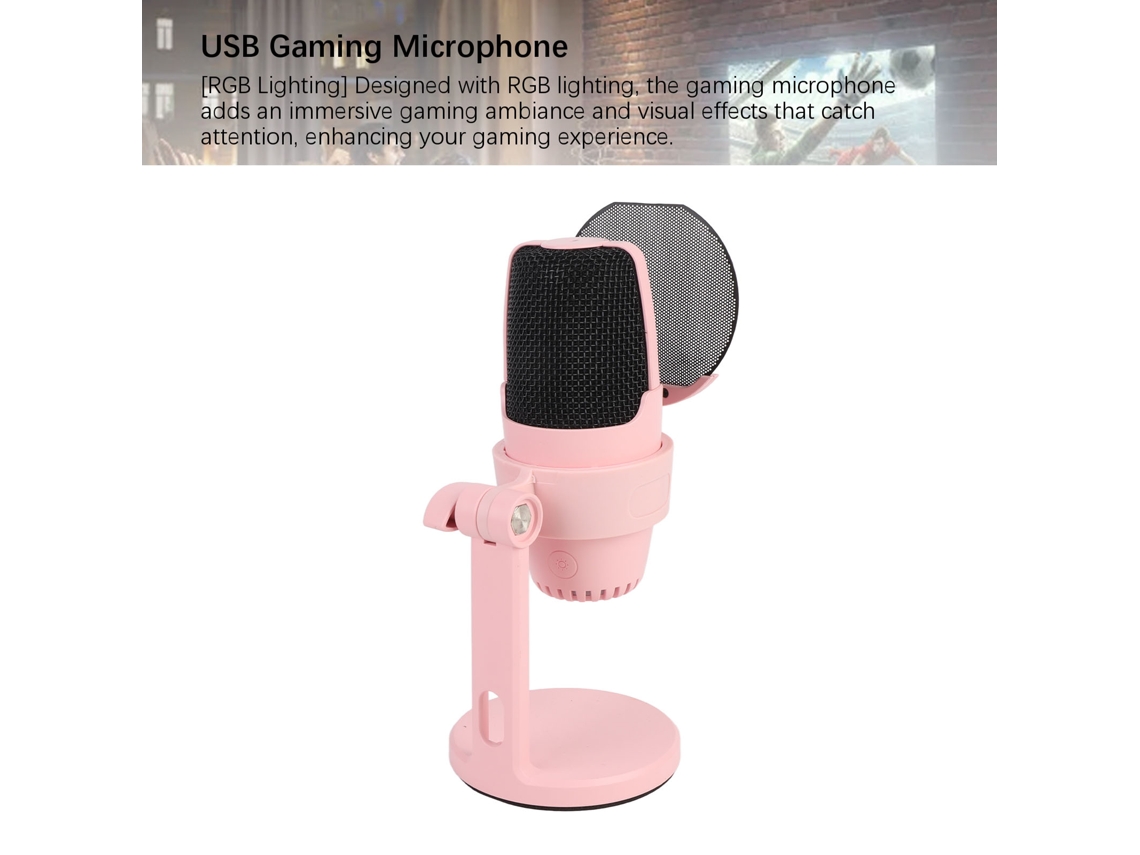 Microfone Condensador Usb Cardióide Com Luz Rgb Para Gravação Studio Gaming Transmissão Ao Vivo Rosa