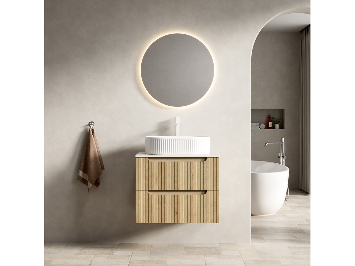 Grea Lavabo De Pared 60cm Con Lavamanos Oval Blanco, Mueble Listonado Con 2 Cajones, Piedra Travertino, Roble Claro