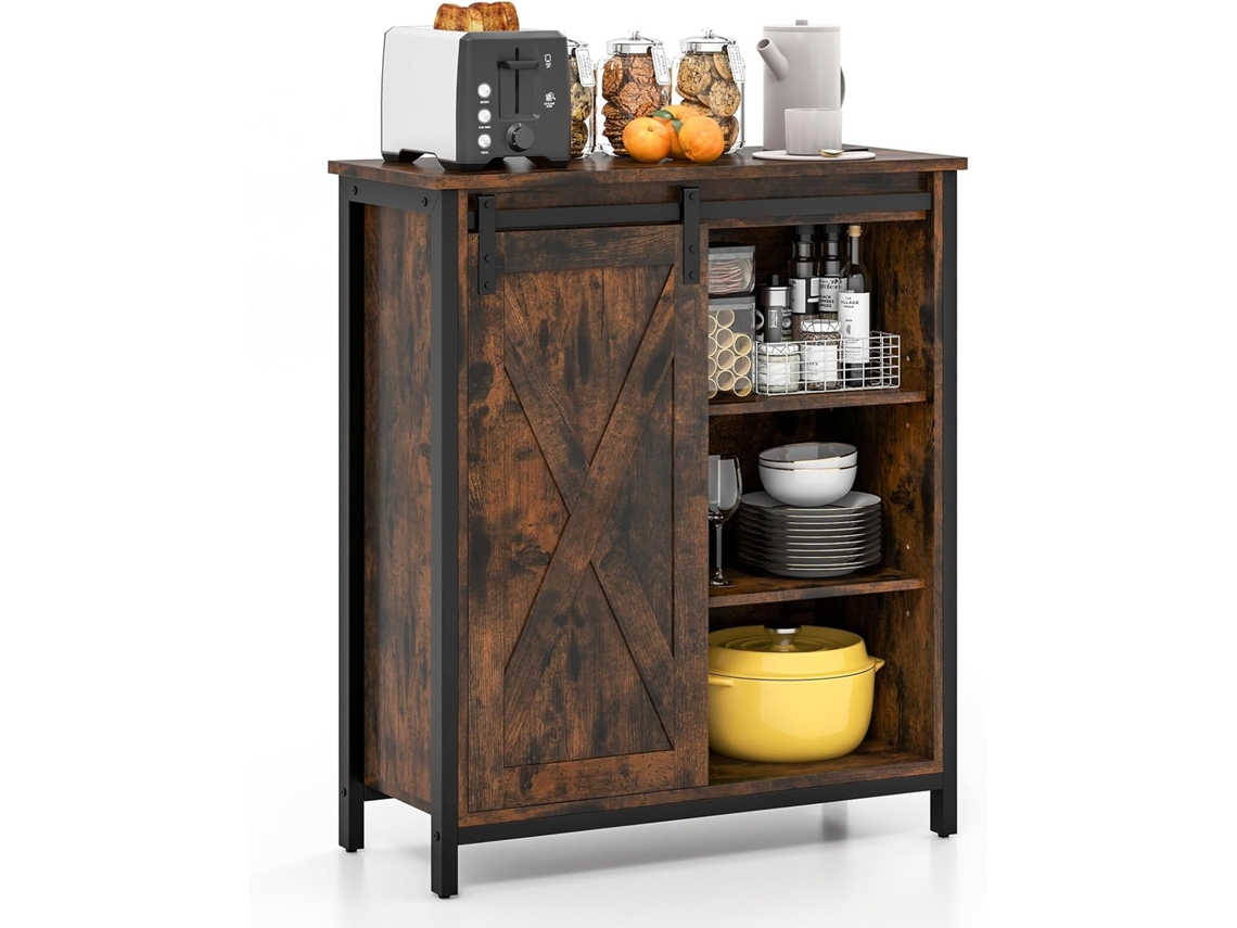 Aparador, Mueble de Almacenamiento con Estantes Ajustables de 3 Niveles, Puerta Corredera de Granero, Armario de Cocina Rústico de 30 x 70 x 81 cm COSTWAY