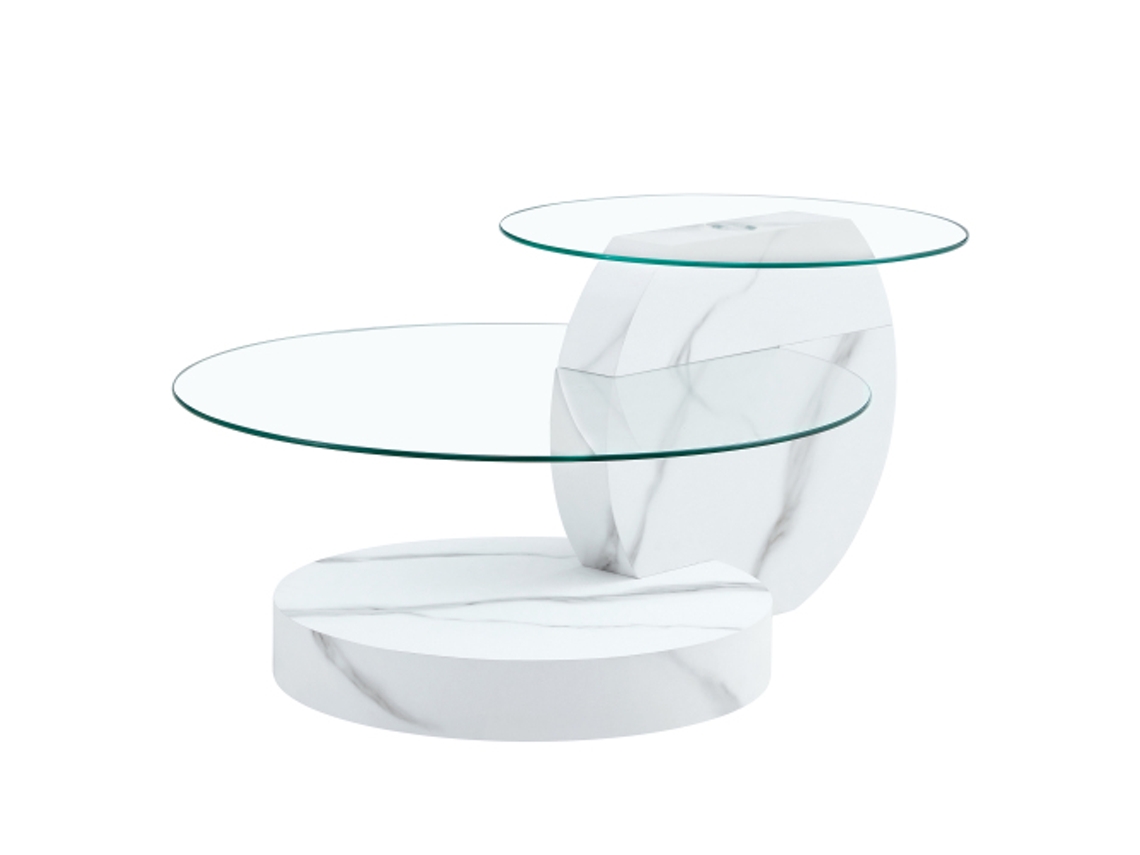 Mesa de centro de dos niveles, vidrio resistente, mármol blanco, MDF, Ziwei Store